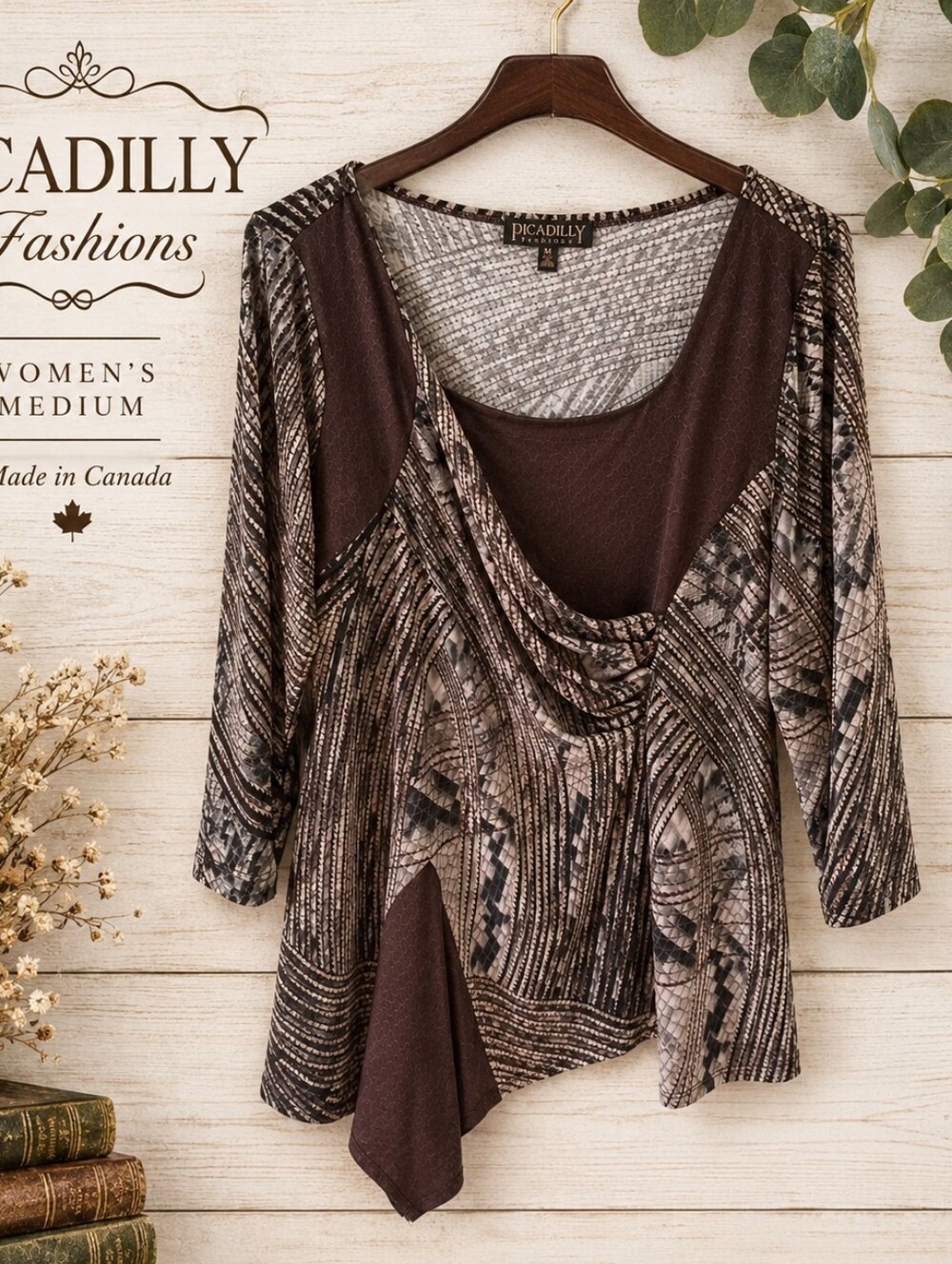 Picadilly Fashions Women’s Medium Draped Asymmetrical Tunic Top Made in Canada